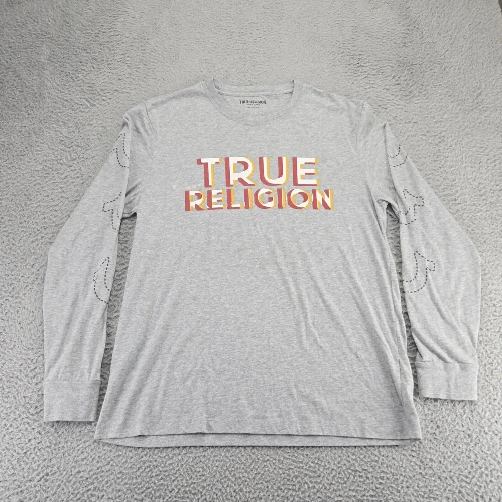 True Religion Shirt Mens Large Gray Heather Spellout‎ Long Sleeve Crew Neck